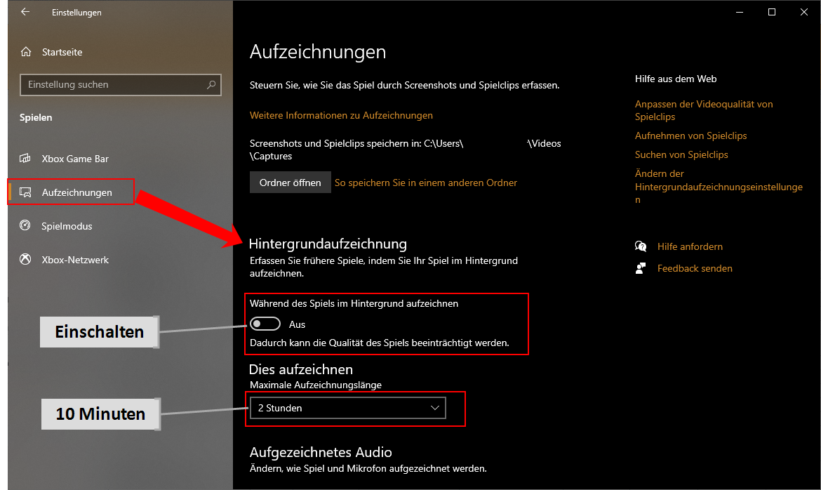 Bildschirmaufzeichnungen mit dem Windows Game Mode